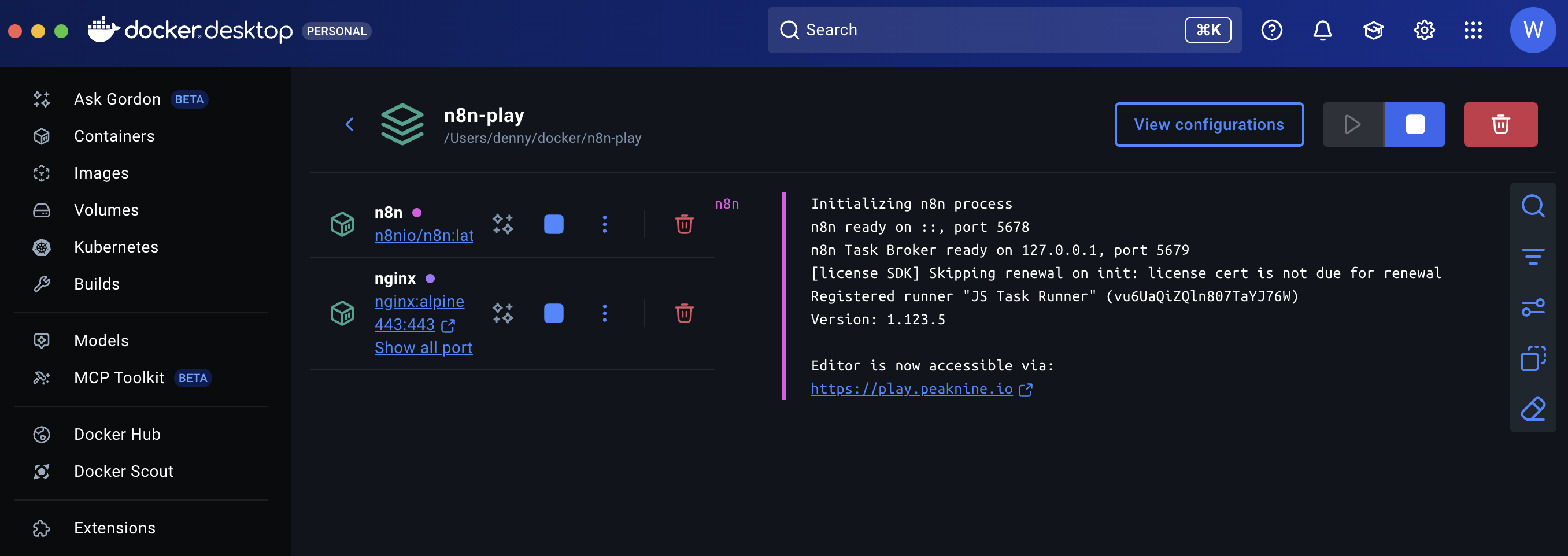 n8n-play 프로젝트에 n8n-1과 nginx 컨테이너가 정상적으로 실행되고 있습니다
