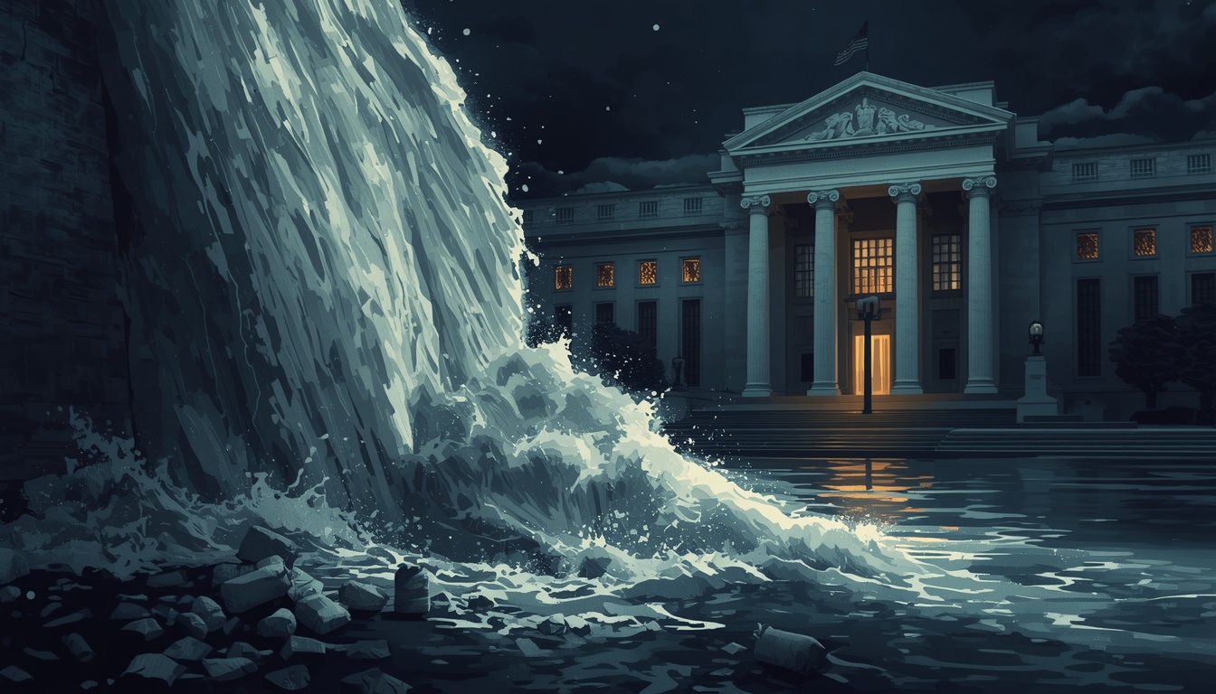 Conceptual visual showing the US Treasury building struggling with liquidity pressure while the Federal Reserve stands in the background.