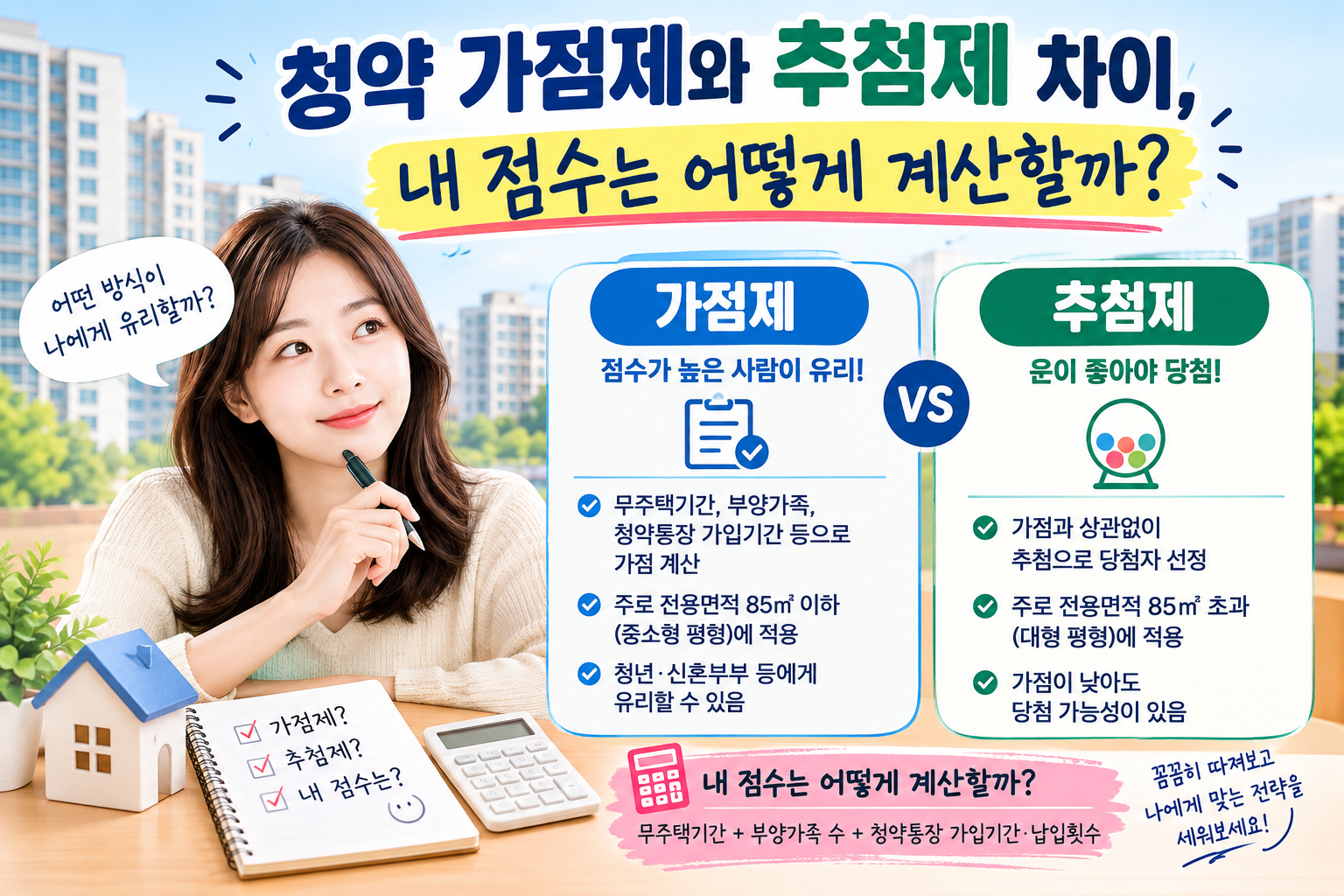 청약 가점제와 추첨제의 차이와 무주택기간, 부양가족, 청약통장을 활용한 청약 가점 계산 방법을 보여주는 이미지