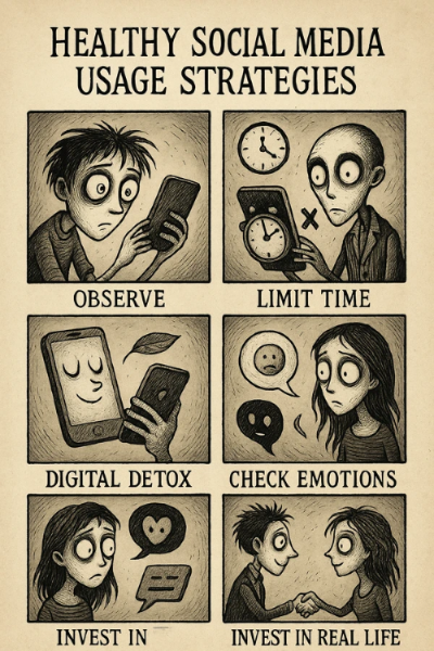 팀 버튼 스타일 인포그래픽, 건강한 SNS 사용 습관 6가지 전략 아이콘: 관찰, 시간 제한, 팔로우 정리, 디지털 디톡스, 감정 체크, 현실 인간관계 투자. 기괴하고 개성적인 캐릭터들과 상징 아이콘들이 빈티지한 질감 위에 표현됨