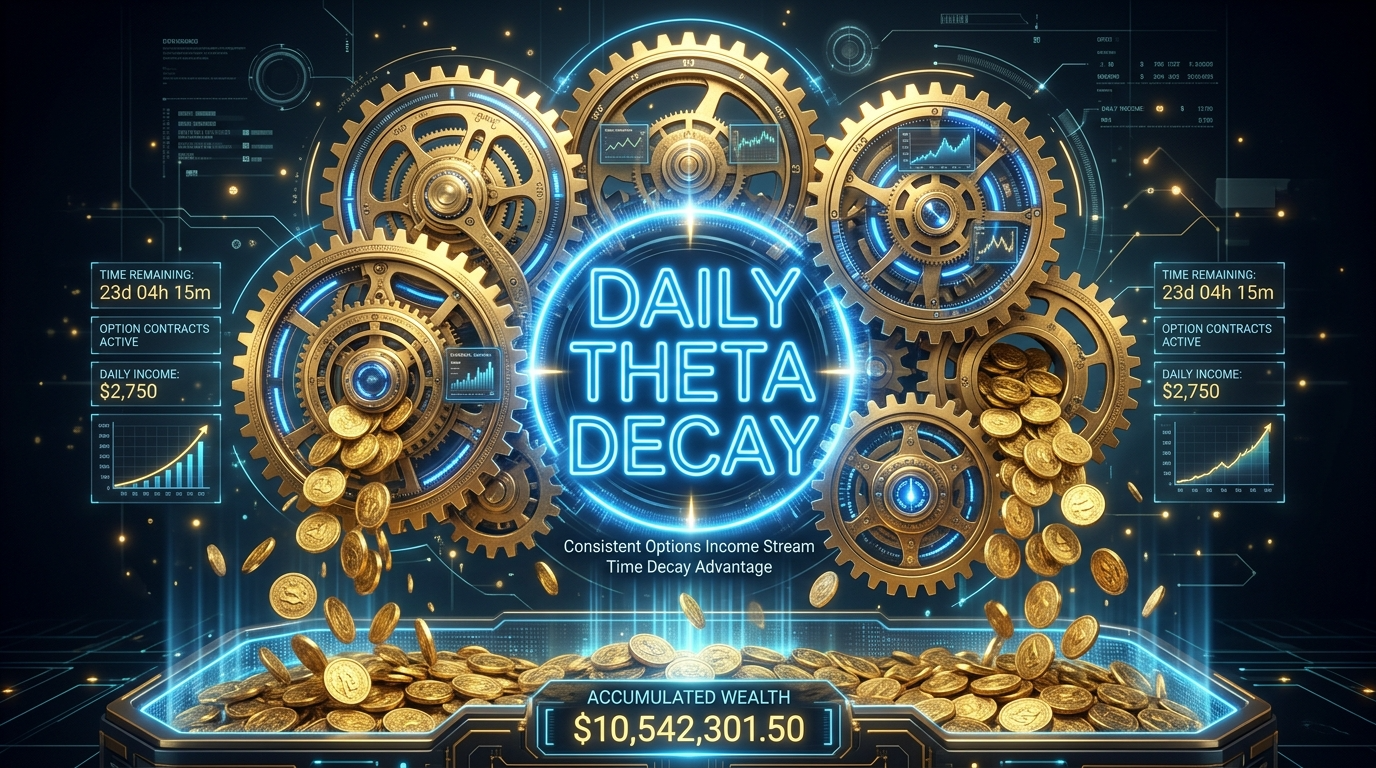 정교한 기계 시계 태엽 위로 황금색 동전들이 쏟아지며 'Daily Theta Decay' 문구가 강조된 시각화 인포그래픽