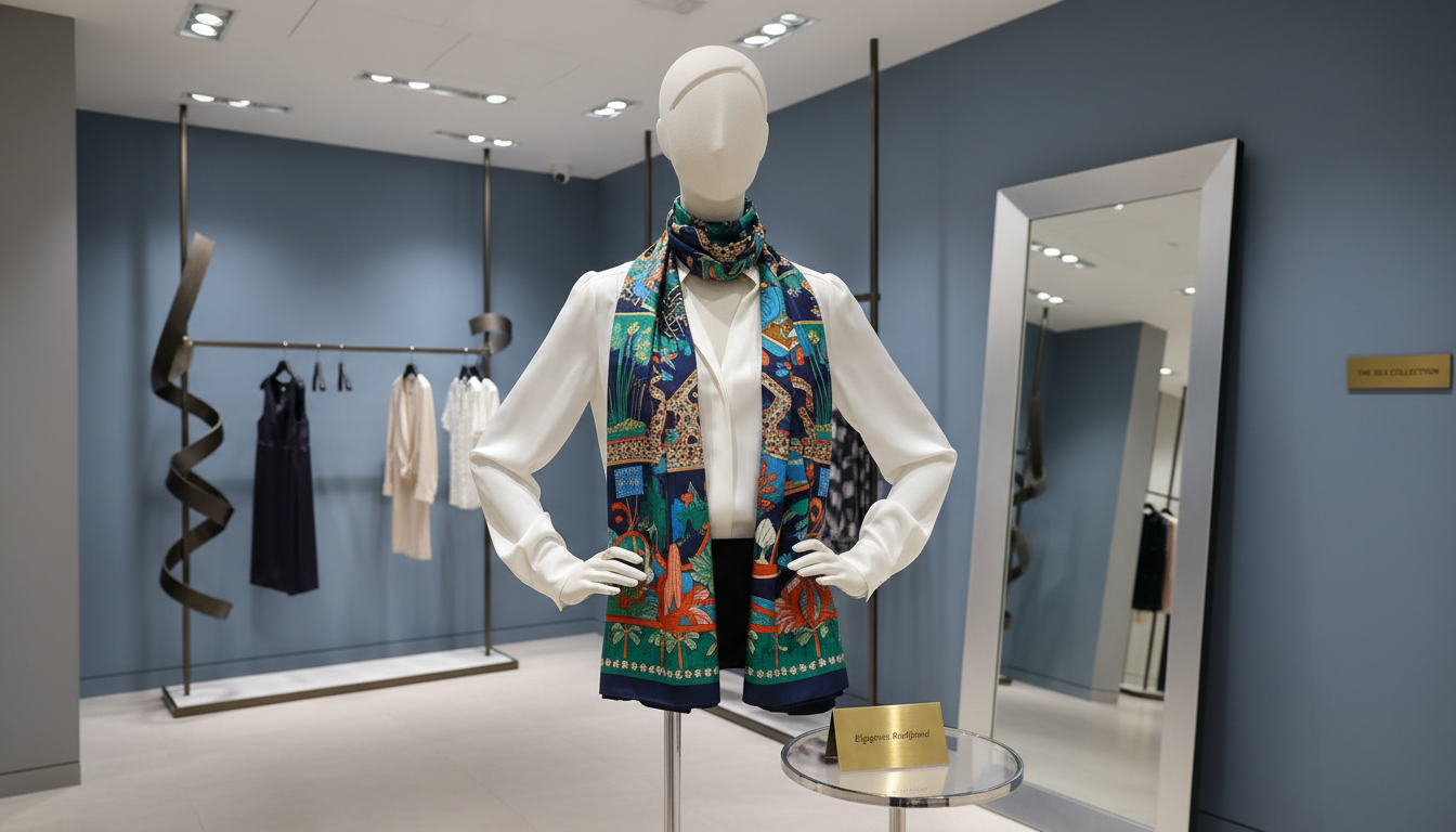 화이트 실크 블라우스에 모던하게 연출된 에르메스 까레 스카프 스타일링