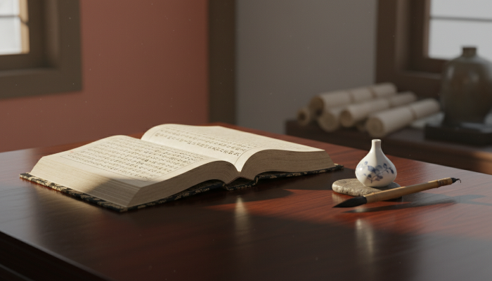 전통적인 한국 족보가 펼쳐져 있는 고풍스러운 서재 풍경