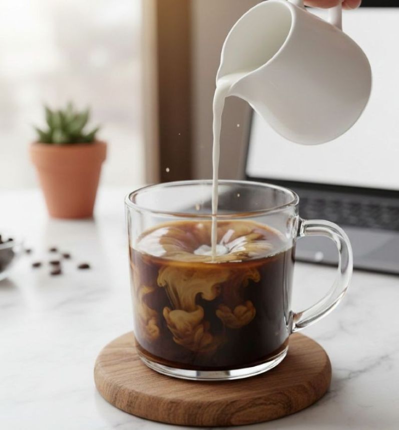 고지혈증 관리를 위해 블랙커피에 두유를 넣어 라떼를 만드는 모습