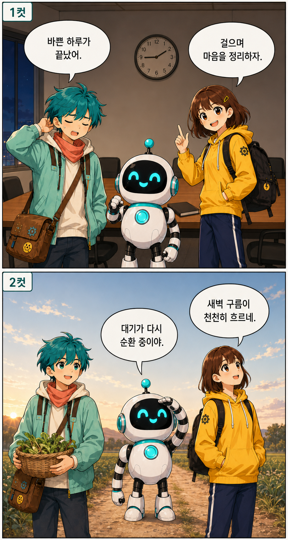 바쁜 일정을 마친 세 친구가 회의실을 나서고 새벽 농로에서 천천히 흐르는 구름을 바라보는 웹툰 장면