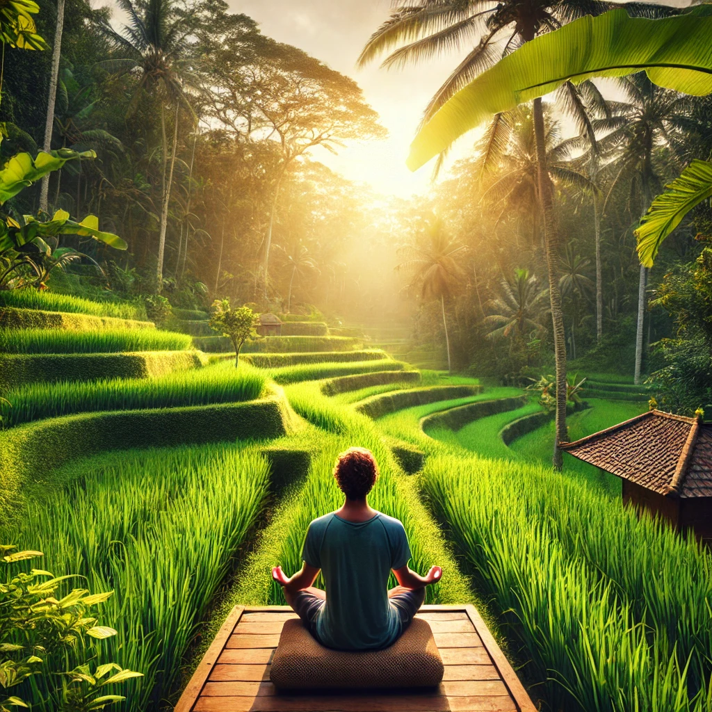 우붓의 푸른 논밭과 정글 속에서 전자기기 없이 명상하는 모습