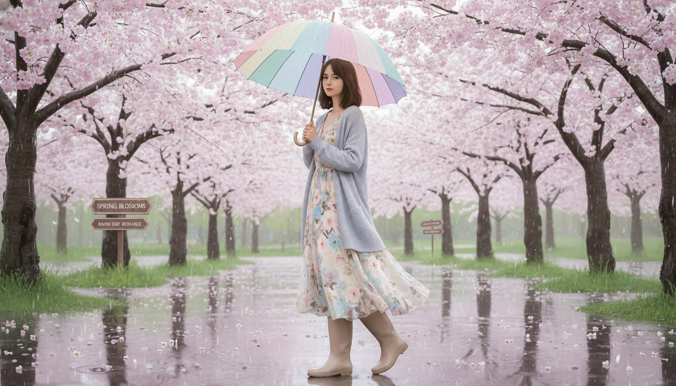 벚꽃 핀 공원에서 플로럴 원피스와 숏 레인부츠를 매치한 로맨틱 봄비 데이트룩