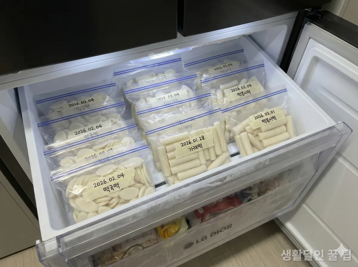 지퍼백에 소분하여 기름 코팅 후 깔끔하게 냉동 보관된 떡국 떡
