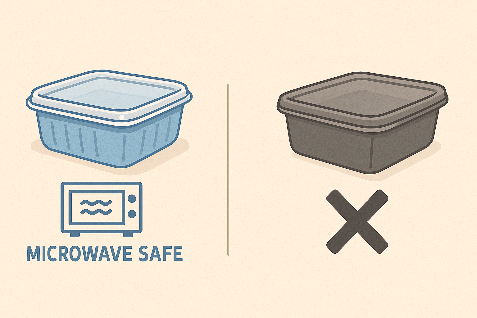 전자레인지 사용 가능 용기와 일반 플라스틱 용기의 비교 이미지 – 마이크로파 안전 마크와 금지 아이콘 포함