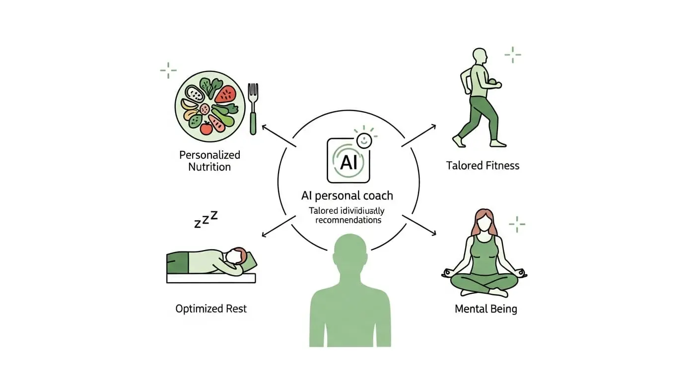 AI가 개인의 건강 데이터를 바탕으로 맞춤형 식단, 운동, 수면, 스트레스 관리 루틴을 추천하는 모습.