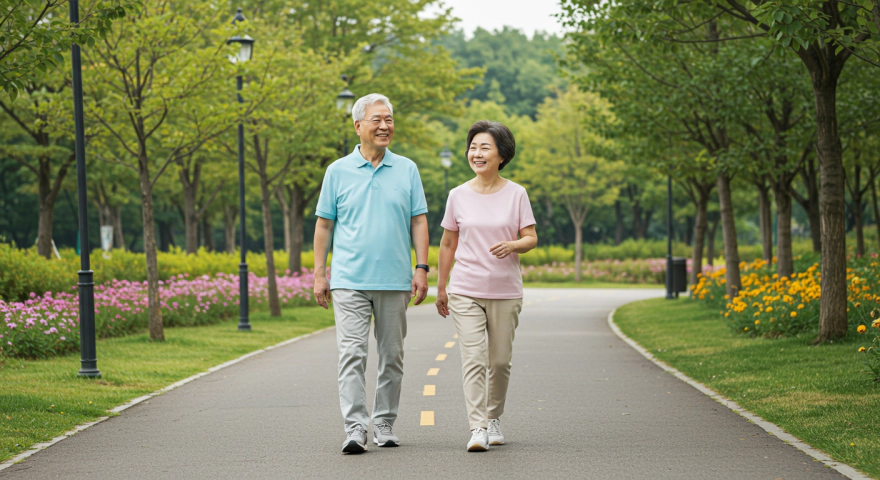 공원에서 걷기 운동하는 한국인 노부부