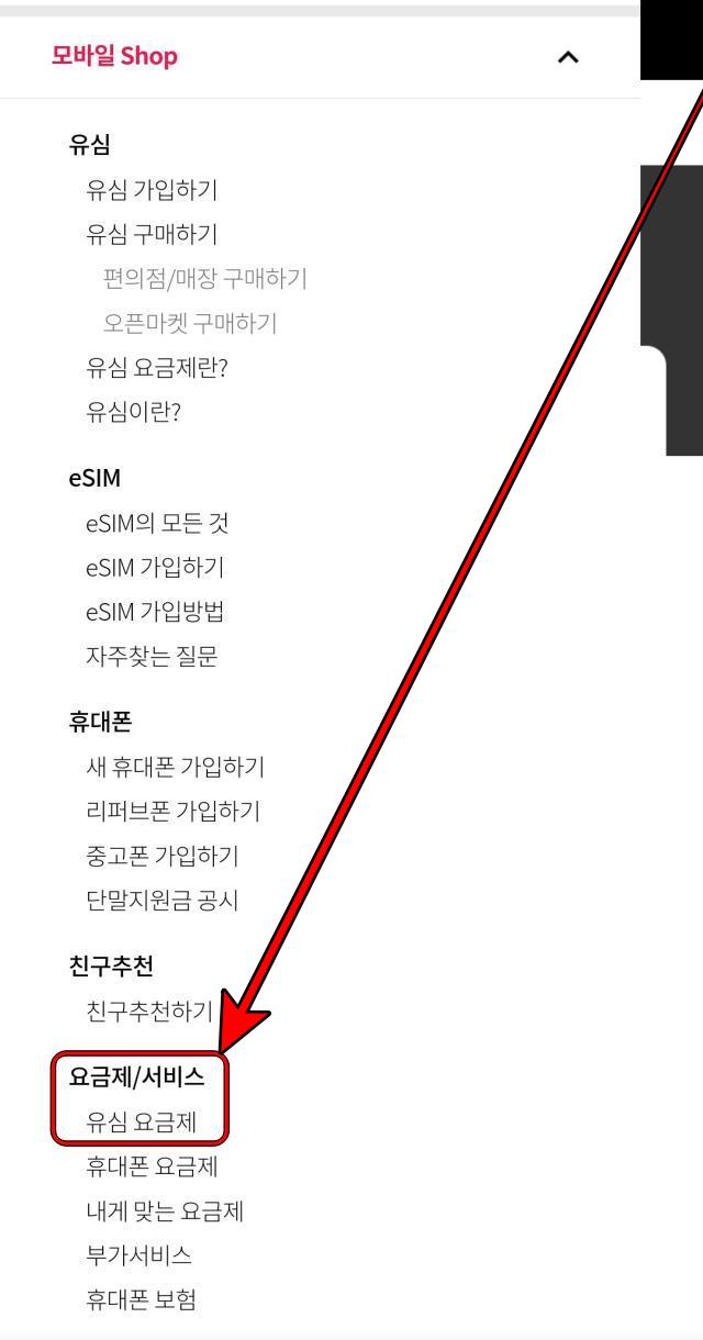 LG헬로모바일 유심 요금제 메뉴