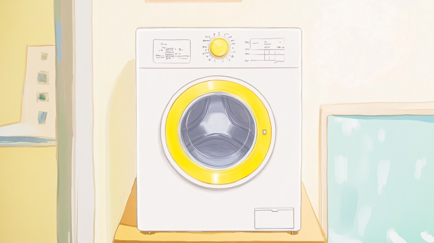 작은 아파트에 적합한 콤팩트 세탁기의 세련된 디자인과 에너지 절약 기능을 강조한 이미지