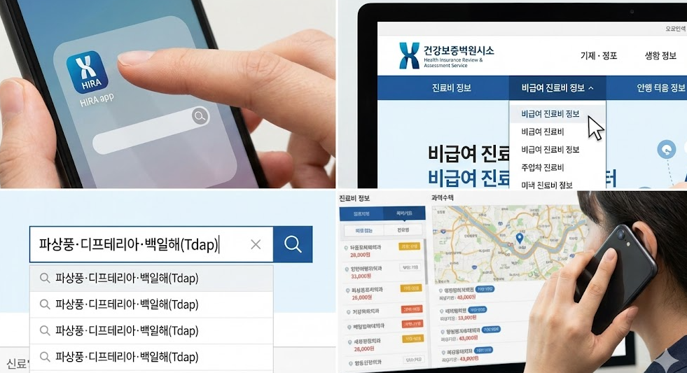건강보험심사평가원 비급여 진료비 공개 서비스를 통해 Tdap 백일해 접종 비용을 조회하는 과정