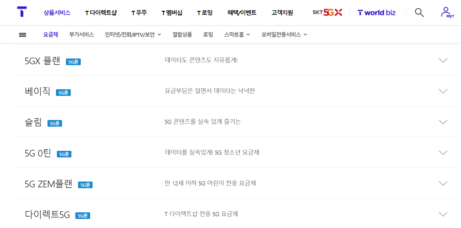 SKT에서 안내되고 있는 요금제의 종류