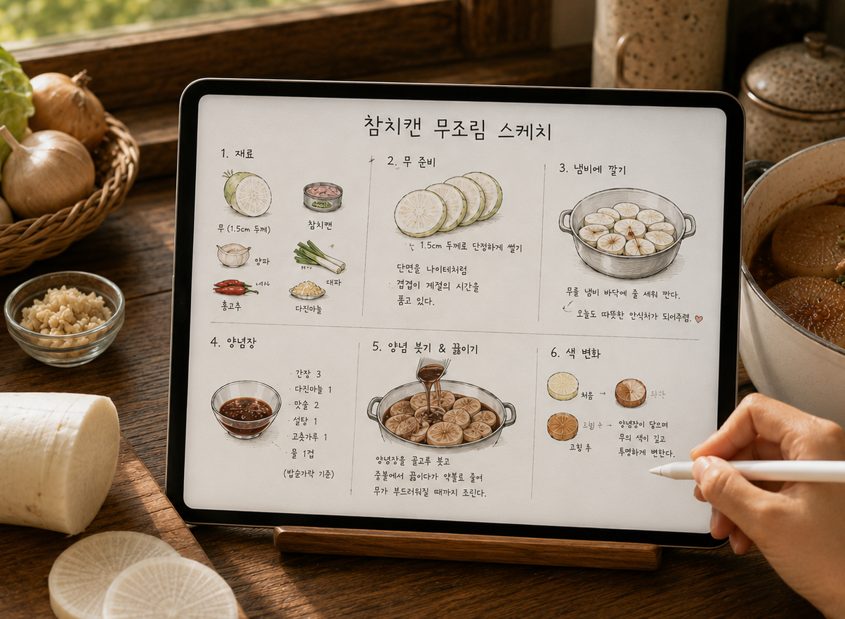 아이패드 화면에 무조림 조리 노트와 드로잉이 정리되어 있고 실제 요리가 함께 놓인 감성적인 테이블 장면