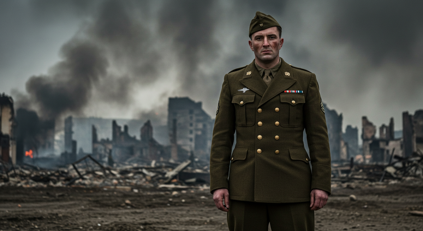 1940년대 영화의 조연 배우가 더블 브레스트 재킷과 올리브 그린 바지를 입은 모습