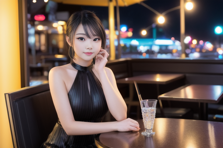 Stable Diffusion - photo of young woman, highlight hair, sitting outside restaurant, wearing dress