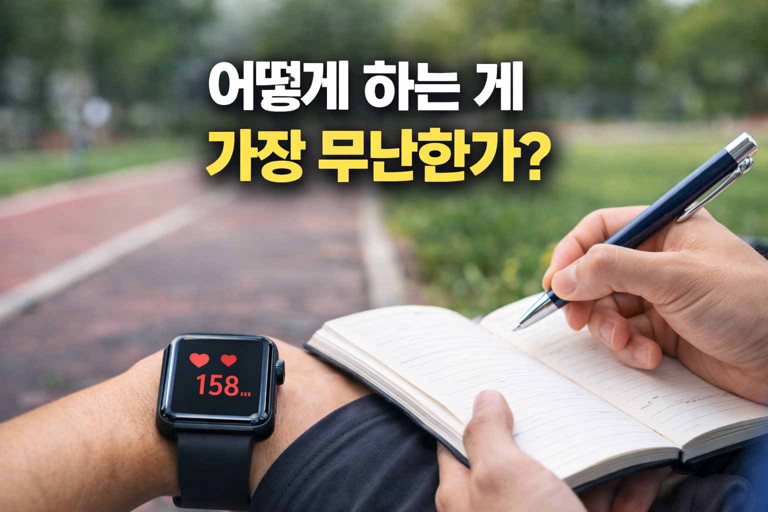 운동 중 심박수가 높게 측정된 스마트워치를 착용한 상태에서 노트에 기록하며 안전한 운동 강도를 점검하는 모습