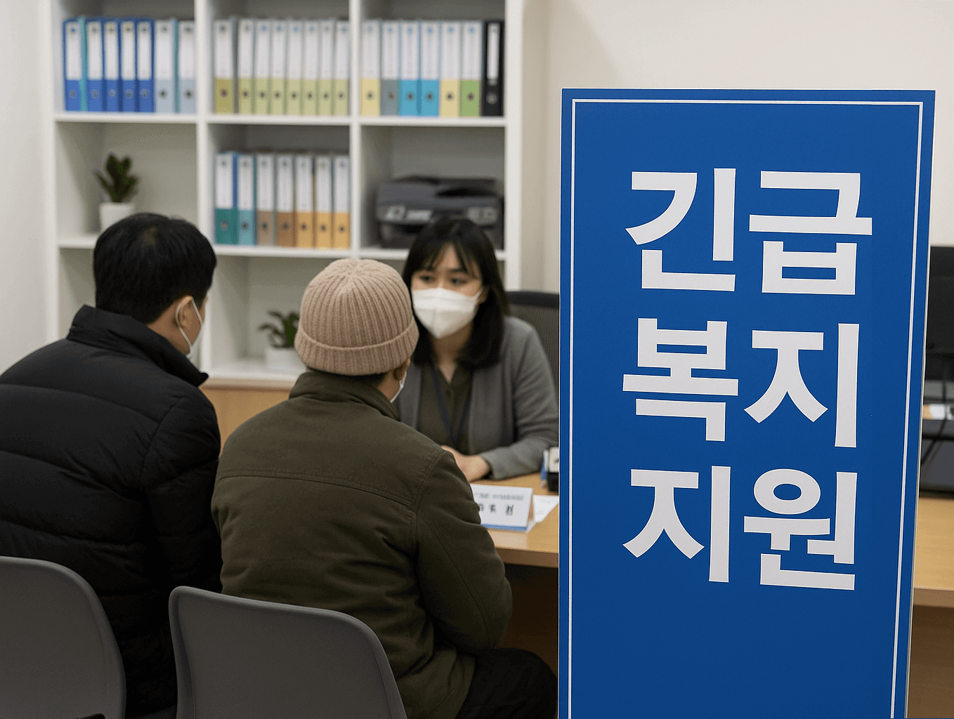 주민센터에서 긴급복지지원 창구에서 상담하고 있는 사람들