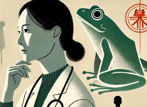 소설의 주인공과 소설을 나타내는 개구리 그림