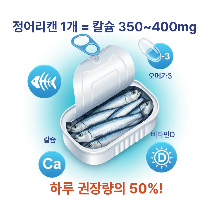 정어리캔 골다공증 예방 효과 인포그래픽 - 칼슘 비타민D 오메가3 영양소 표시