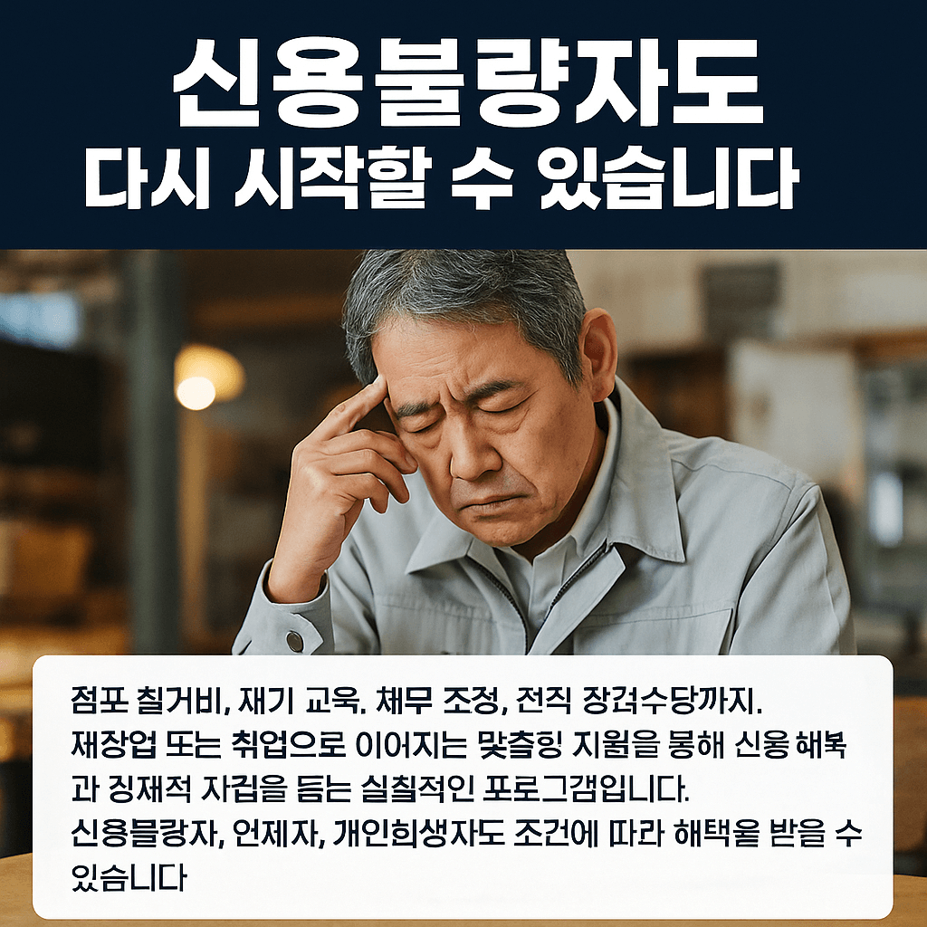정부지원 채무조정 프로그램 · 신용불량자도 신청 가능 · 개인회생·채무조정 대상자 필수 확인 · 서민금융진흥원 연계 정책대출 · 연체자도 가능한 대환대출 · 폐업 후 재기 지원 · 소상공인 재기패키지 최대 200만원 · 신용 회복과 경제적 자립 지원 · 신속 채무조정으로 연체 이자 면제 · 정부 보증 서민금융 상품