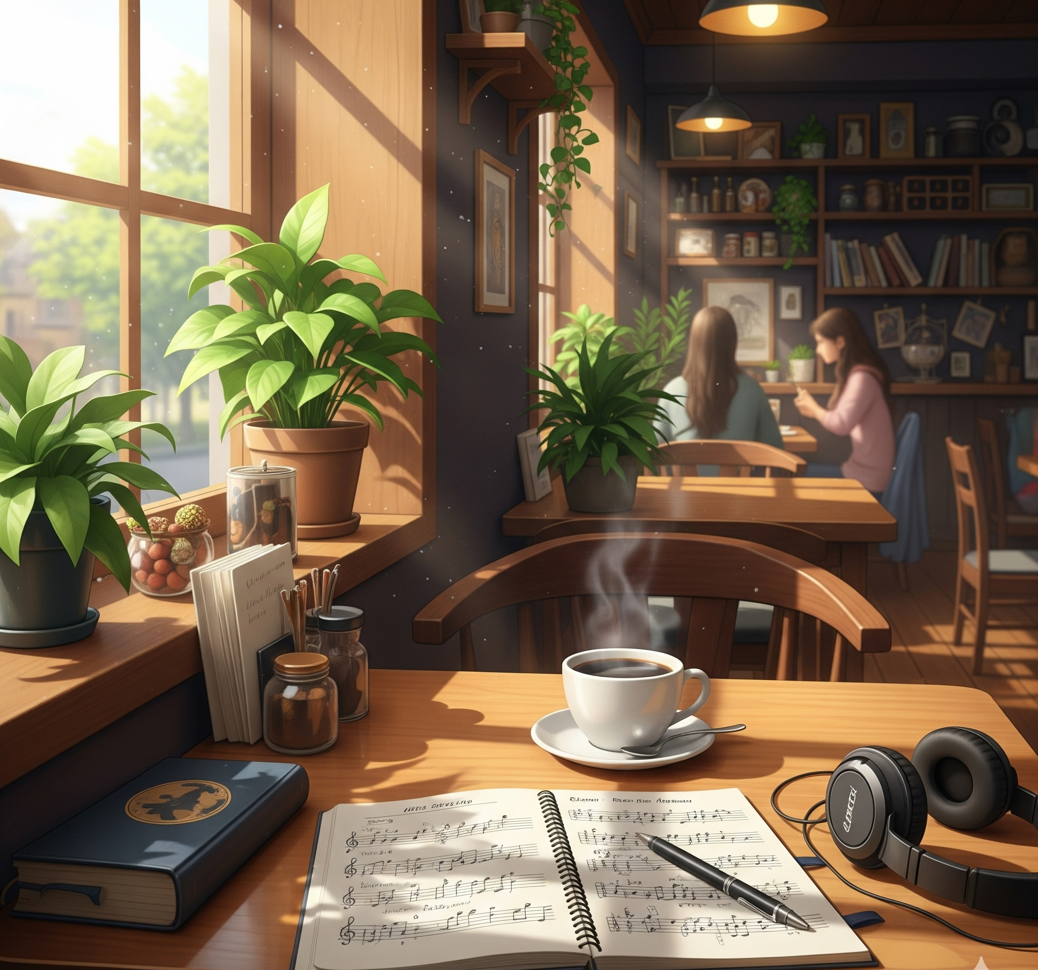창가로 들어오는 따뜻한 햇살 아래, 악보가 그려진 노트와 커피 한 잔, 그리고 헤드폰이 놓인 아늑한 카페 내부 전경. 평화로운 분위기의 작곡가 작업 공간 스타일