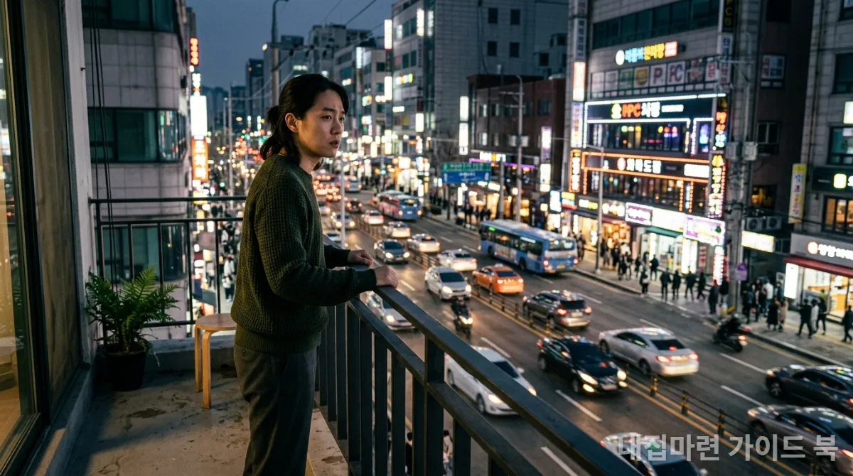 아파트 발코니에서 주변 환경을 살펴보는 한국인