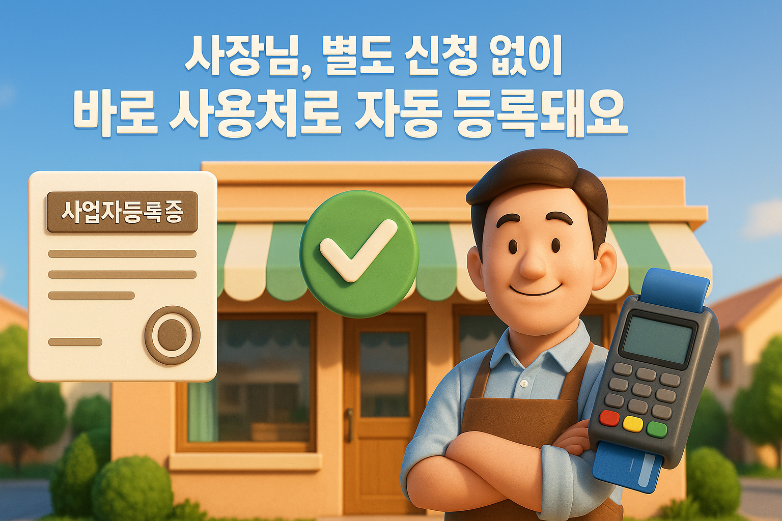 민생회복지원금 사용처 자동 등록 조건을 설명하는 인포그래픽 (사업자등록증, 카드단말기 아이콘 포함)