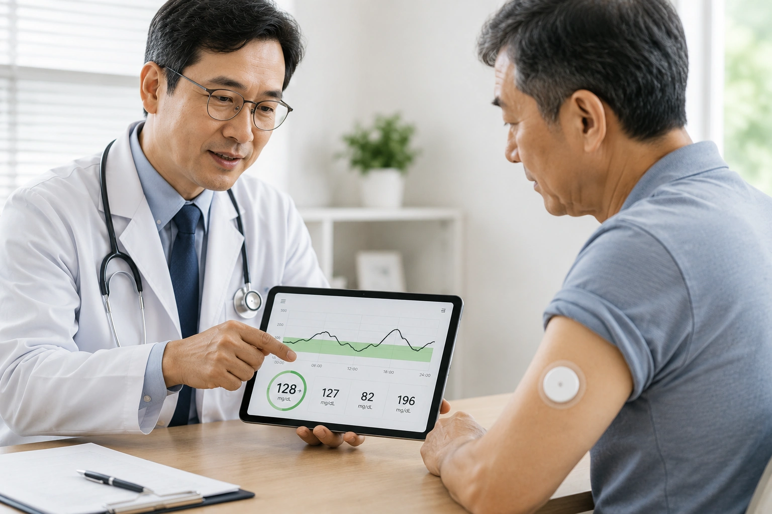 의사가 연속혈당측정기(CGM) 혈당 데이터를 태블릿으로 설명하며 상담하는 모습
