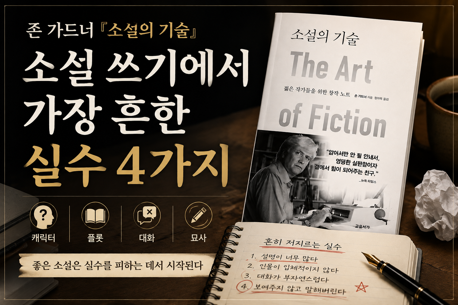 존 가드너 『소설의 기술』을 소개하는 썸네일. '소설 쓰기에서 가장 흔한 실수 4가지'라는 제목과 원고, 만년필, 창작 노트가 배치된 소설 창작 이미지.