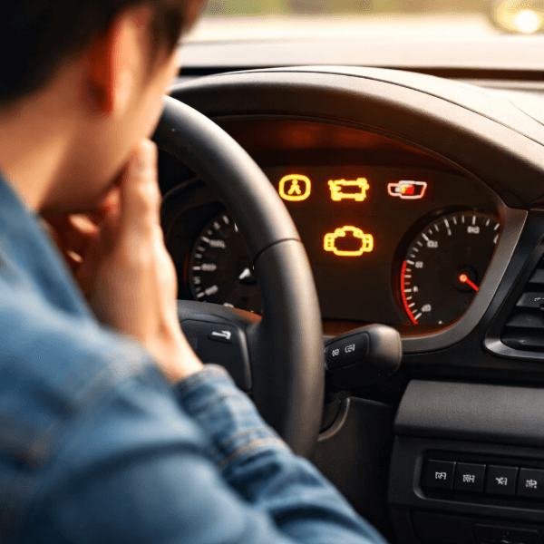 계기판 경고등을 보며 판단을 망설이는 운전자 모습