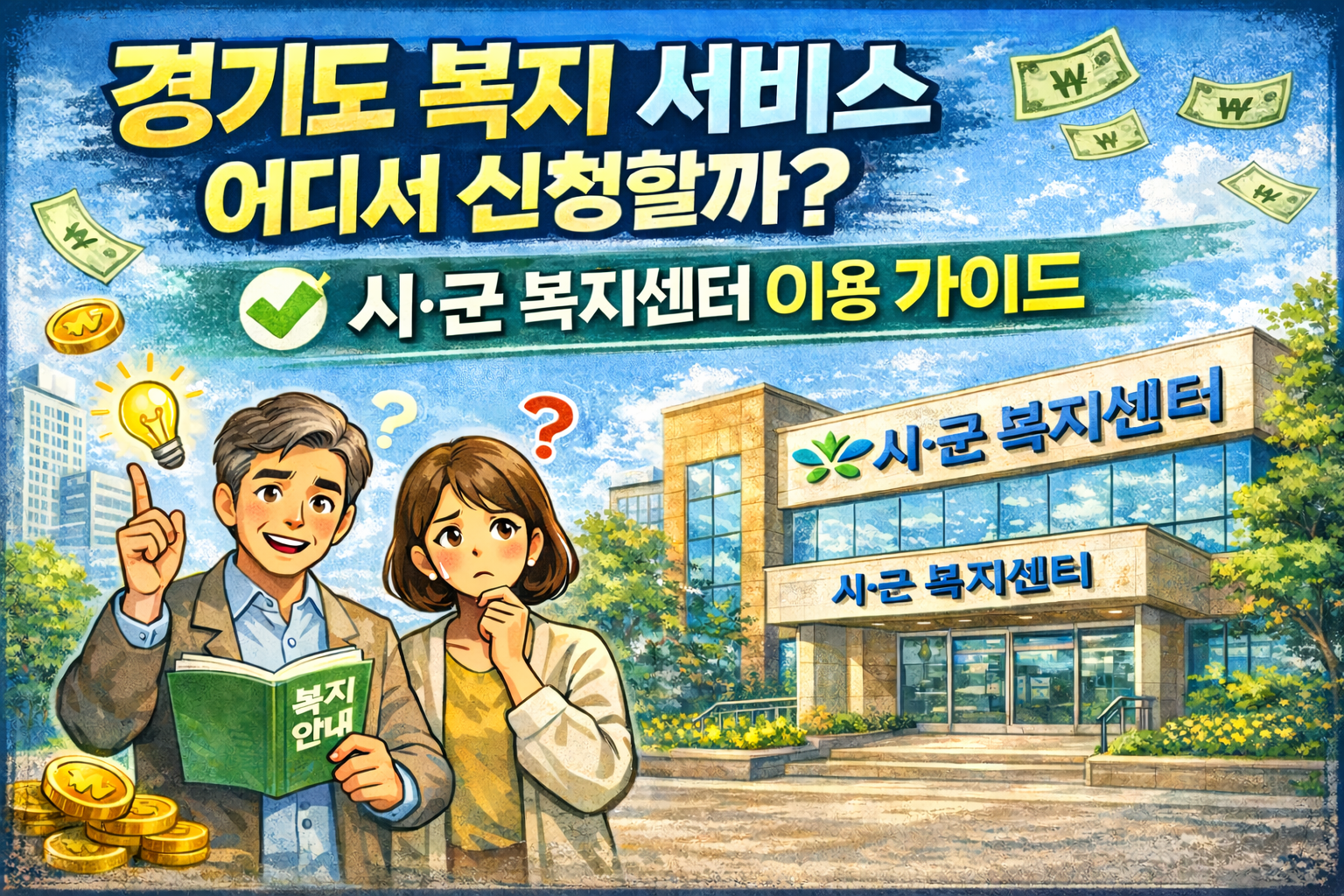 경기도 복지 서비스 어디서 신청할까를 고민하는 중장년에게 시/군 복지센터 이용 방법을 알려주고 있다.