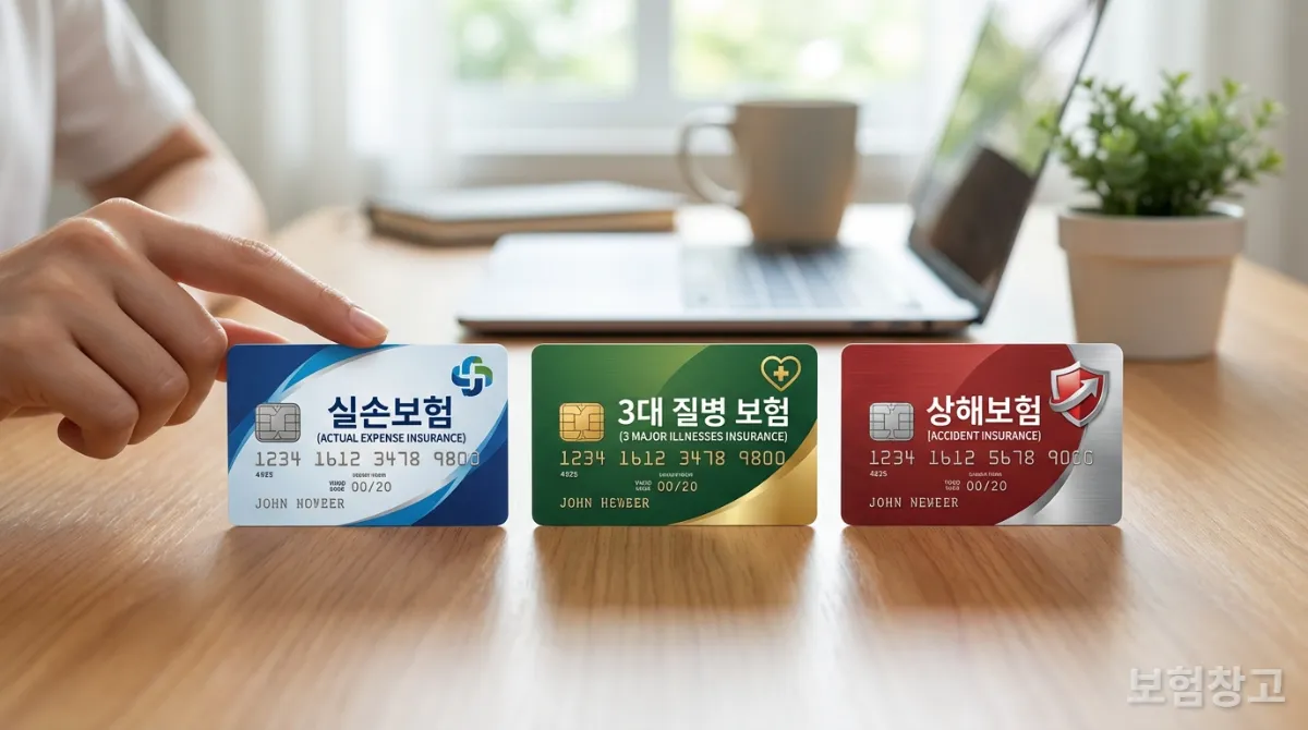 실손보험, 3대 질병 보험, 상해보험 카드가 놓여 있는 모습