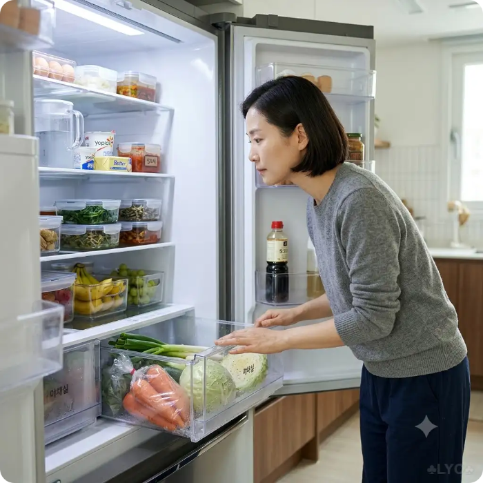 냉장고 물 고임을 확인하는 냉장실