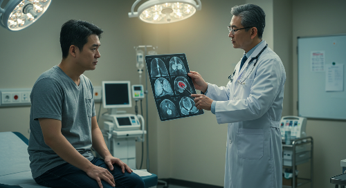 의사에게 폐암 진단을 받고 있는 환자