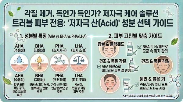 트러블 피부 각질제거제 추천, AHA BHA PHA LHA 차이점, 좁쌀 여드름 BHA 효과, 민감성 피부 PHA 각질제저, 블랙헤드 녹이는 성분