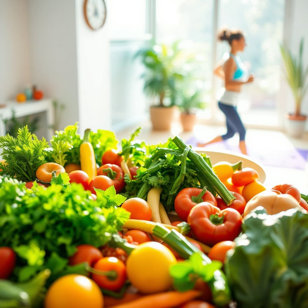 신선한 채소와 과일이 담긴 식탁과 규칙적으로 운동하는 사람의 모습을 함께 보여줍니다. 밝고 활기찬 분위기 속에서 장기적인 건강 관리를 통해 얻는 긍정적인 결과를 표현합니다. 대한비만학회에서는 극단적인 절식보다 건강한 식단과 운동 병행을 권장합니다