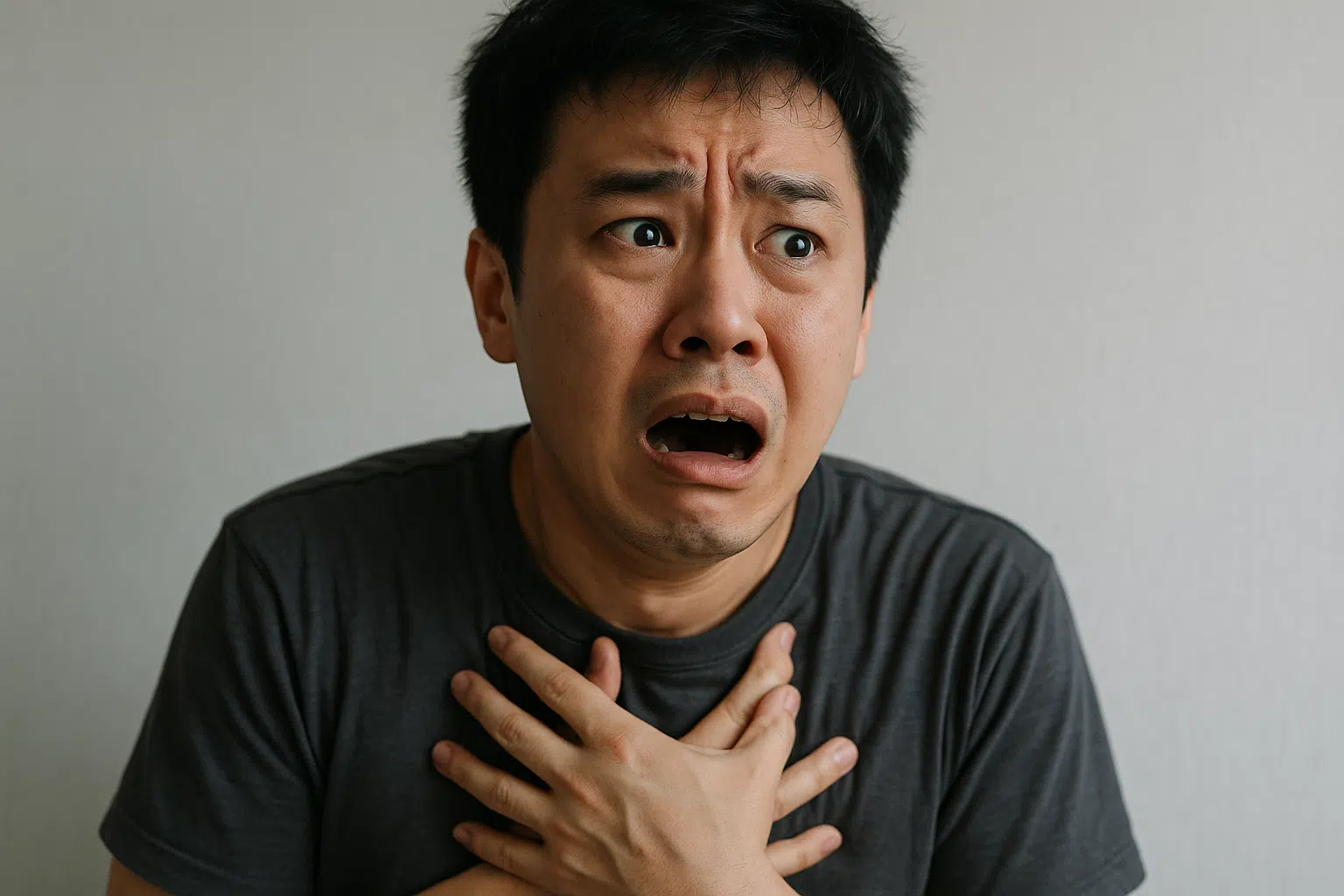 극심한 불안으로 가슴을 움켜쥔 채 호흡 곤란을 겪는 사람