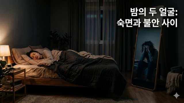 침대 옆 거울 배치가 숙면에 미치는 영향을 설명하는 침실 이미지
