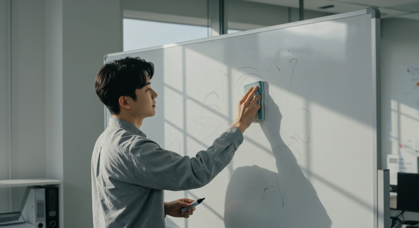 화이트보드에 보드마카를 지우고 있는 모습