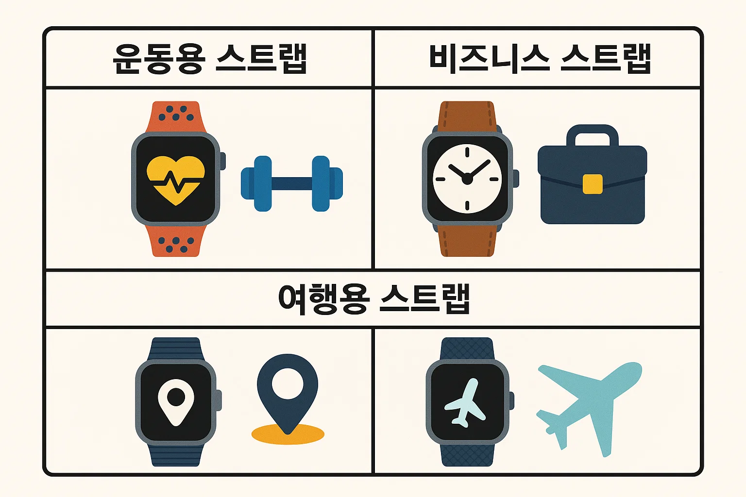 운동&middot;비즈니스&middot;여행 등 다양한 상황에서 어떤 스마트워치 시계줄이 적합한지 아이콘 중심으로 정리한 활용 가이드 인포그래픽으로, 스마트워치 시계줄 선택 시 실용적인 기준을 제공하는 이미지입니다.