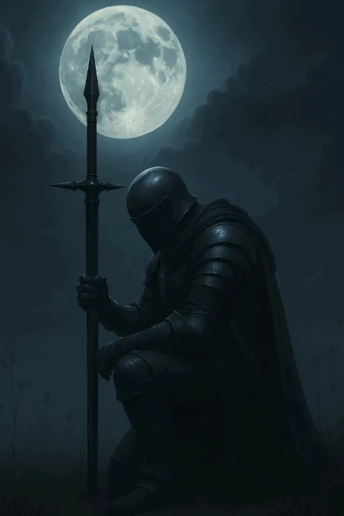 어두운 밤, 달빛아래에 중세 기사복을 입은 기사가 무릎을 꿇고 한 손으로는 자신의 중세 시대의 무기를 잡고 있다.