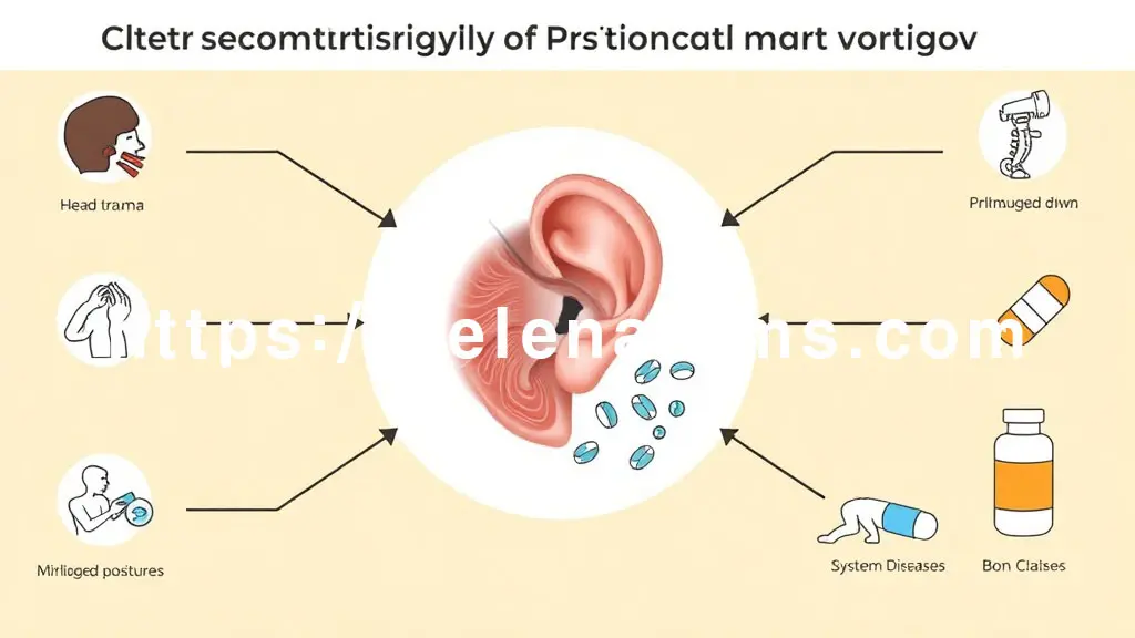 이차성 이석증의 다양한 원인들을 시각적으로 표현한 인포그래픽.