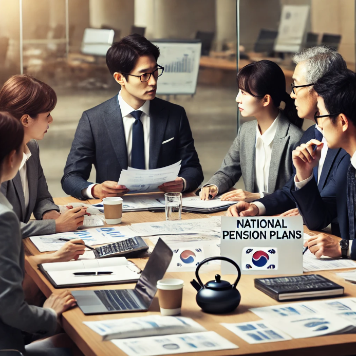 사무실에서 국민연금 플랜을 논의하는 비즈니스 전문가들