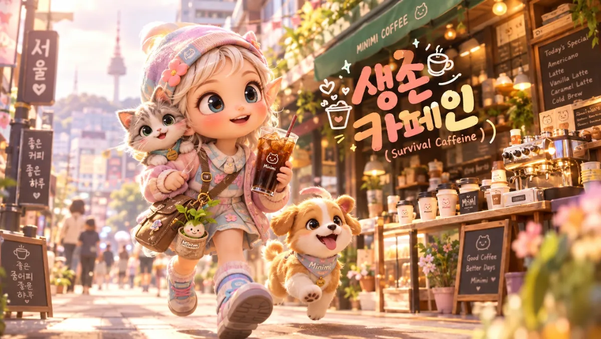 긴 노동시간과 경쟁 사회에서 아이스 아메리카노로 빠르게 각성하는 직장인 미니미 판타지 판타지 프렌즈 일러스트