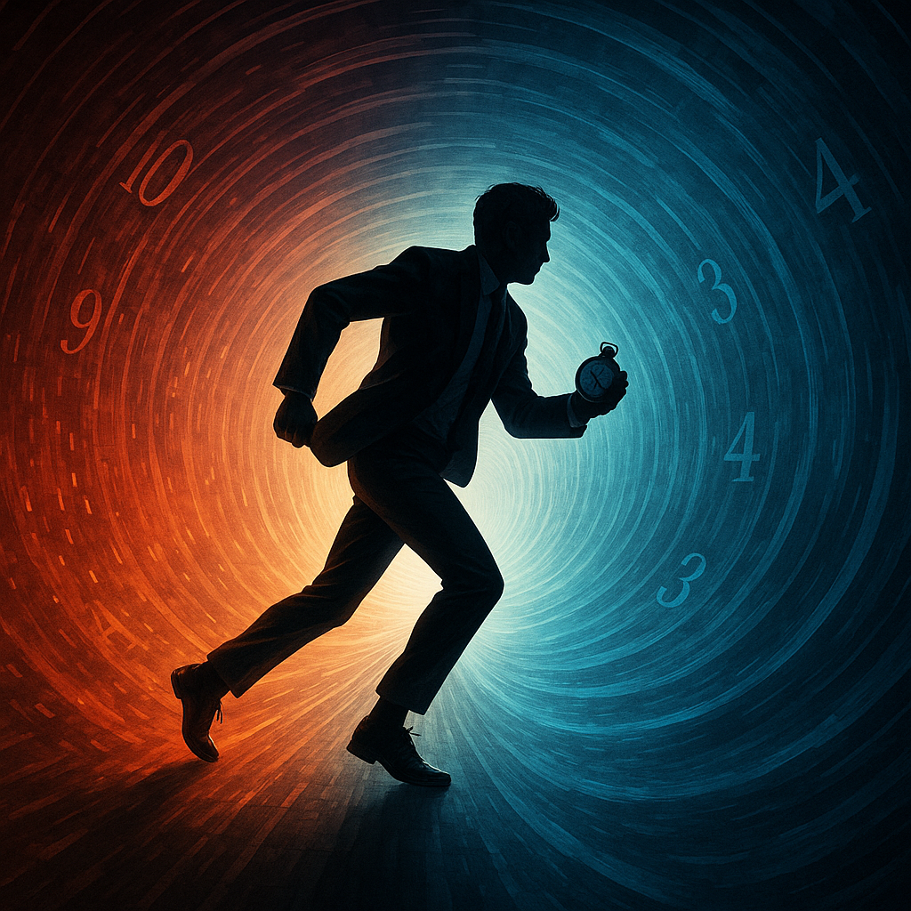 뒤로 흐르는 시간의 터널 속을 달리는 남성의 실루엣. 터널 한쪽은 과거로, 반대쪽은 미래로 연결되는 이미지