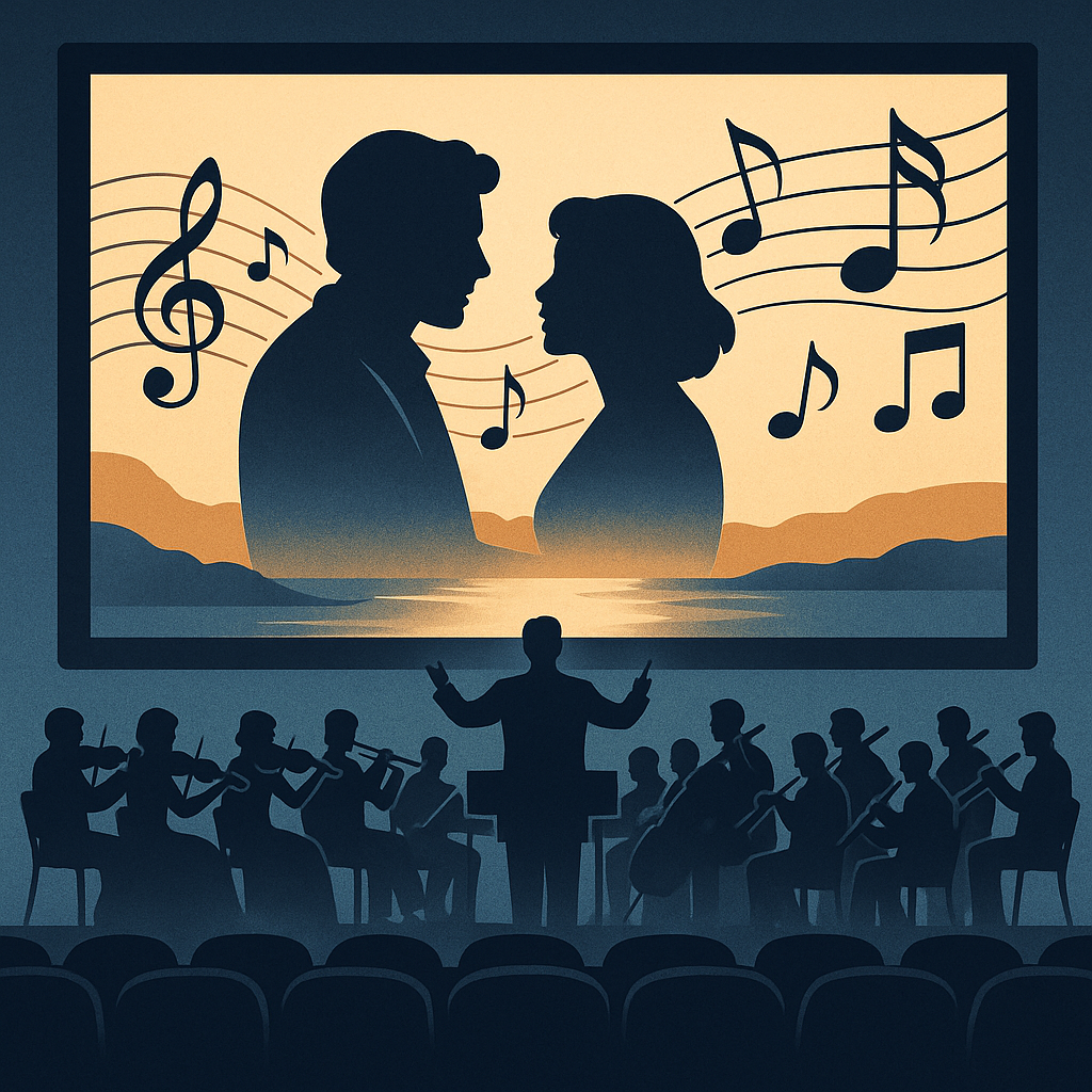 대형 스크린 속 영화 장면 위로 음표와 오케스트라 실루엣이 흘러나오는 장면 일러스트