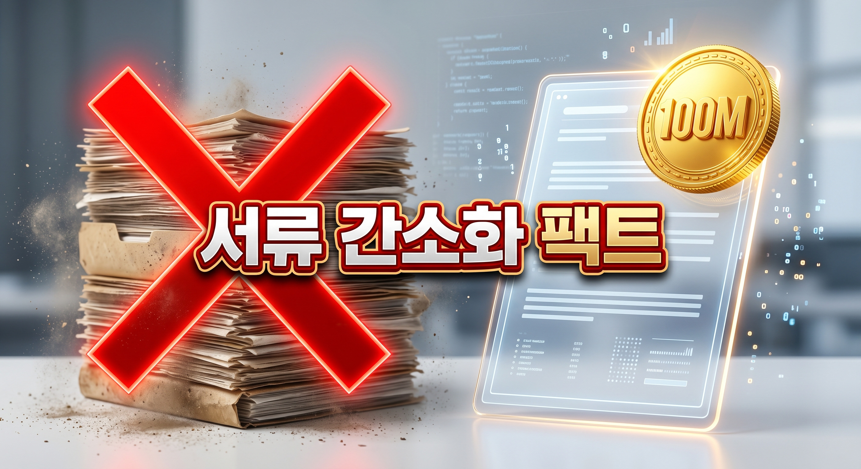 두꺼운 구형 서류 더미에는 커다란 붉은색 X 표시가 그어져 있고, 빛나는 1억(100M) 금화가 올려진 단 한 장의 세련된 디지털 문서가 그 옆에 돋보이는 3D 일러스트 배경에, 짙은 그림자와 외곽선으로 선명하게 강조된 '서류 간소화 팩트'라는 한글 문구가 중앙에 적힌 이미지
